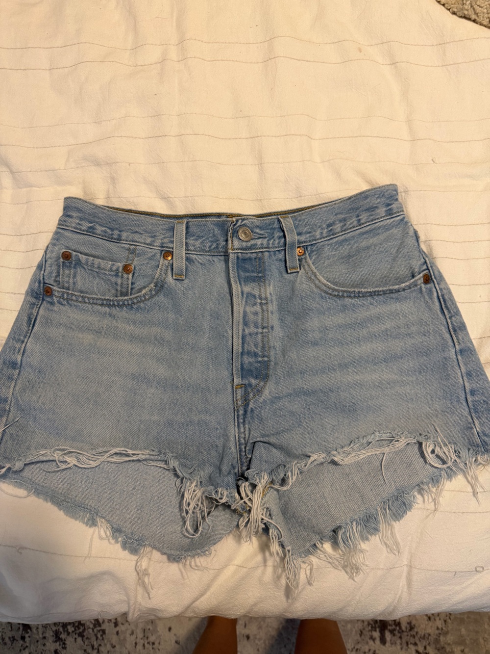 Levi's Light Blue High-Rise Frayed Hem Denim Shorts